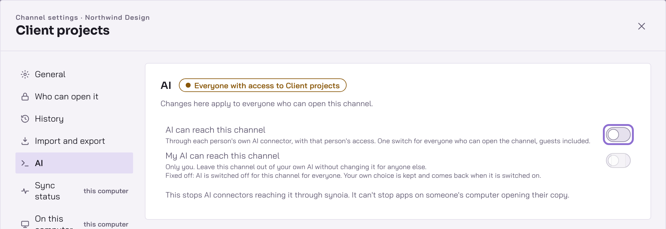 The channel's settings open at AI, with the switch AI can reach this channel turned off and outlined.
