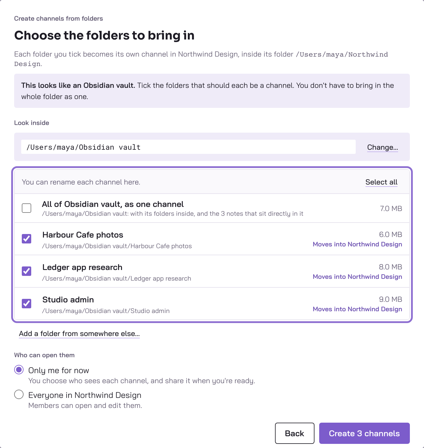 Choose the folders to bring in, for a folder that looks like an Obsidian vault, with the list of folders to tick outlined.