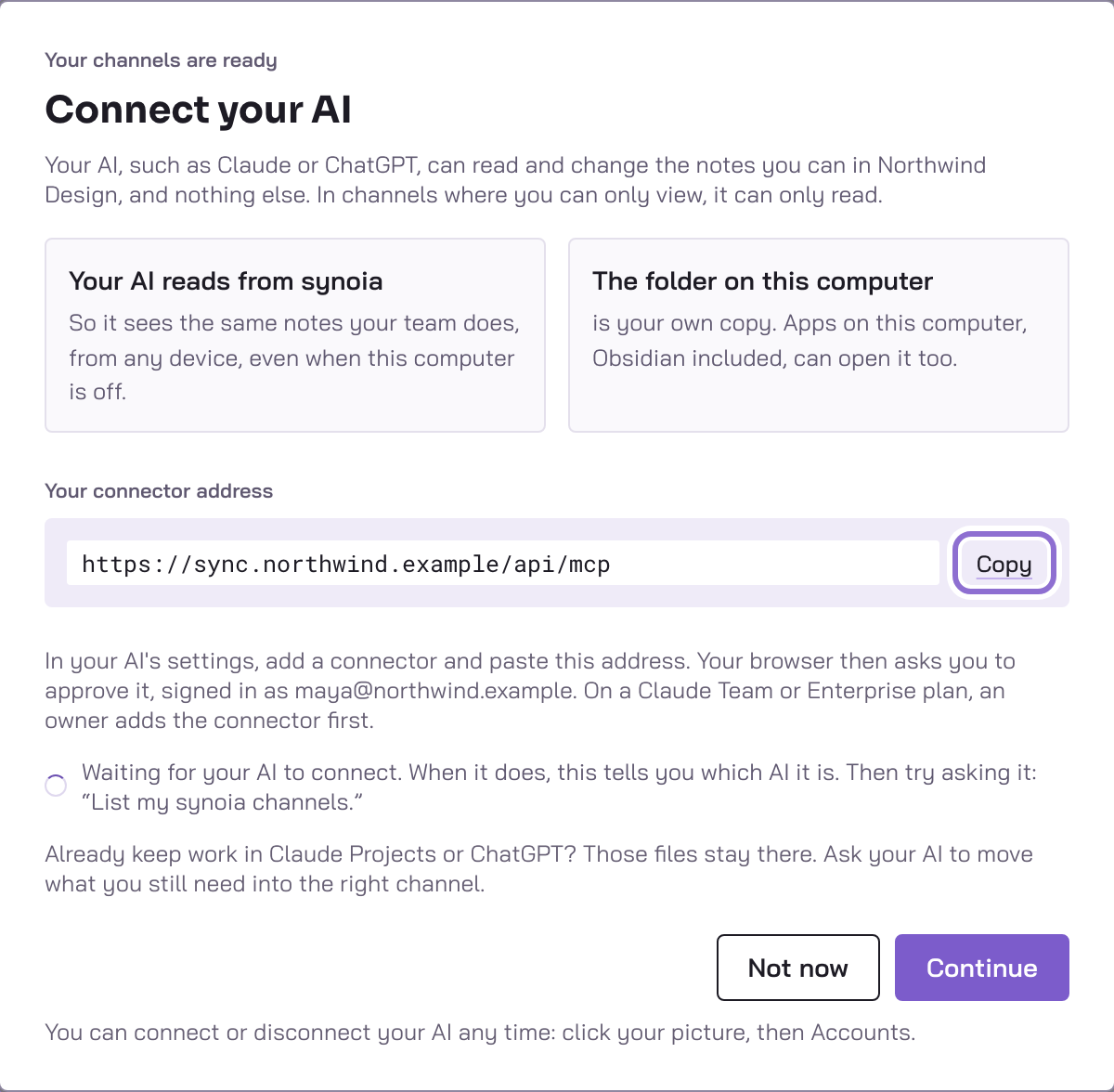 The Connect your AI step, showing the connector address with its Copy button outlined.