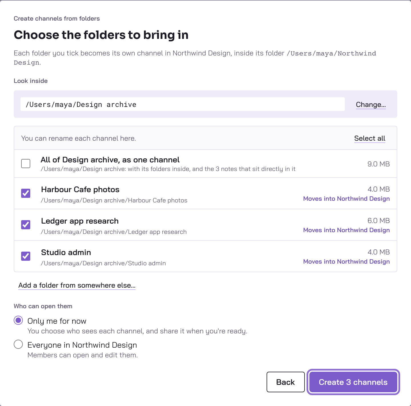 Choose the folders to bring in, with three folders ticked, each marked as moving into the workspace, and the Create 3 channels button outlined.