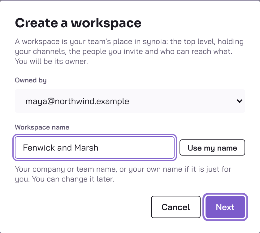 The Create a workspace box in the app, with a name typed in and the Next button outlined.