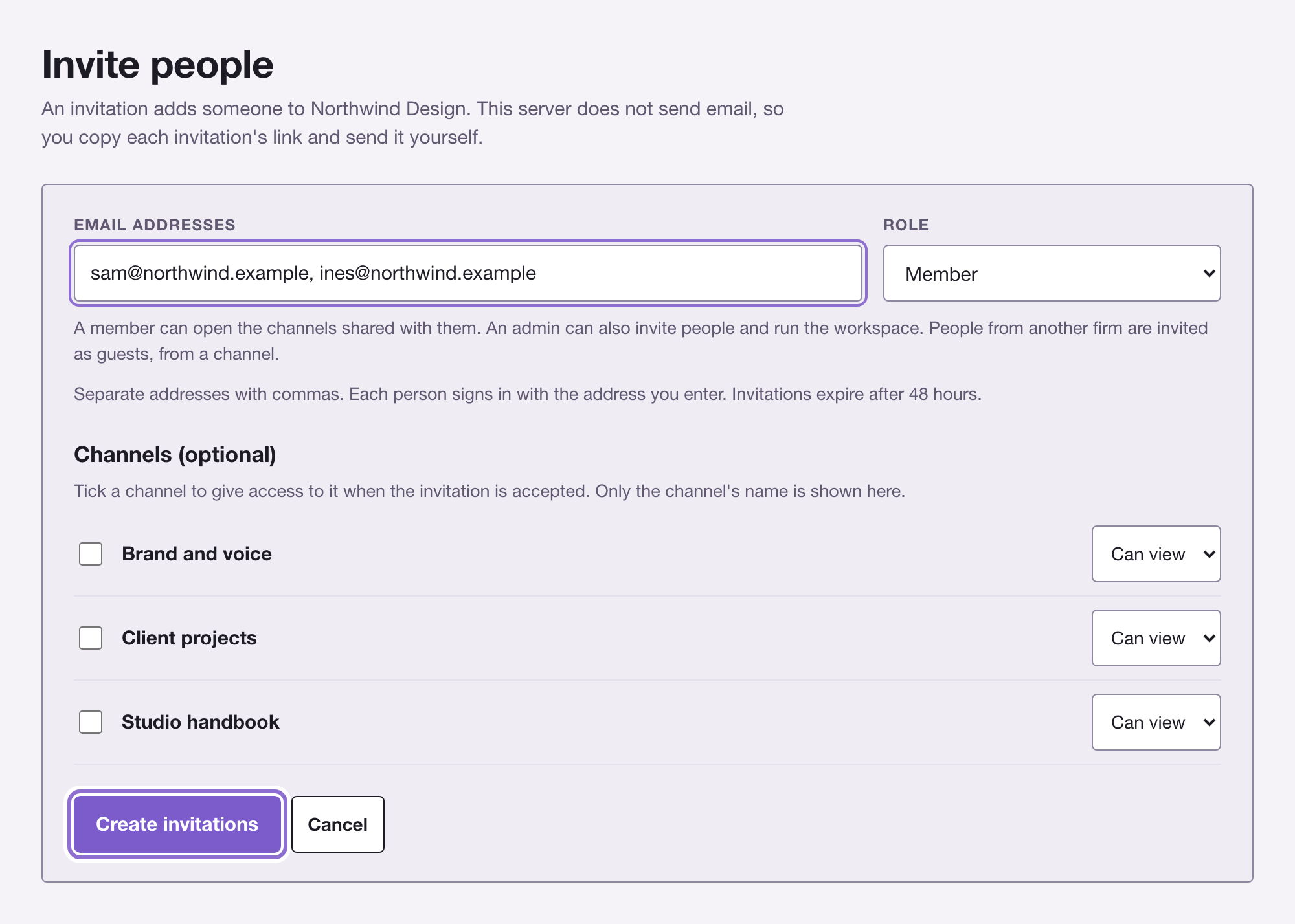 The Invite people page on the website, with two email addresses typed in, a role chosen and the Create invitations button outlined.