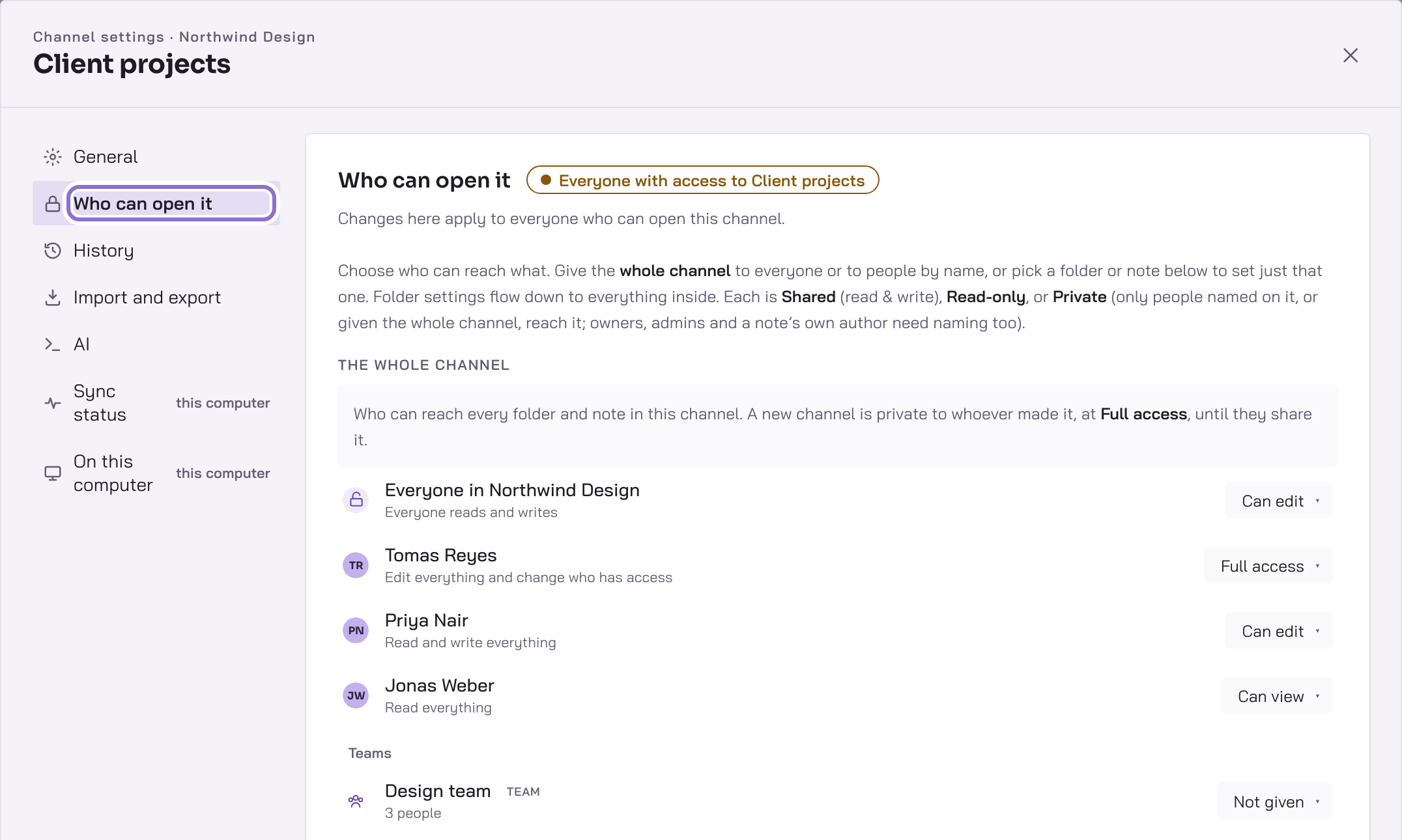 The channel's settings open at Who can open it, listing everyone in the workspace and the people and team who can open the channel, with Who can open it outlined in the list on the left.