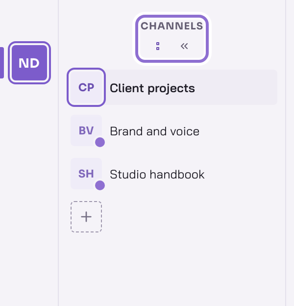 The column of workspaces and the column of channels on the left of the app, with the buttons that show channel names and hide the column outlined.